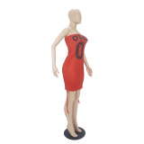 Fashion Solid Color Red Strapless Letter Print Tie Club Dress