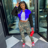 Letter Printing Color Contrast Bomber Casual Jacket