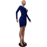Solid Color Long Sleeve V Neck Open Cross Bodycon Club Dress