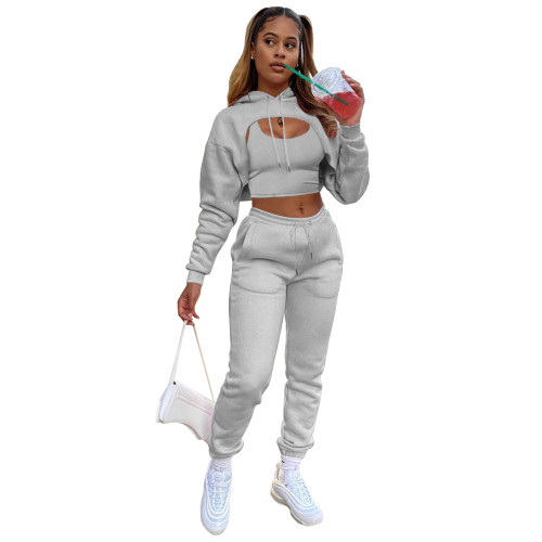 Light Gray Cotton Fleece Drawstring Jogging Tracksuit Hollow Hoodie Blouse Pants Set and Vest