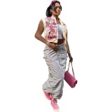 Fashion Print Single-breasted Baseball Jacket Sleeveless Tops