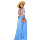 Sky Blue Casual Solid Pleated Mid Waist Wide Leg Pants