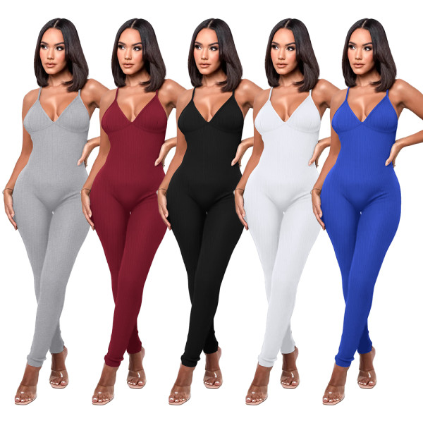Solid Color Ribbed Straps Padded Casual Yoga Bodycon Jumpsuits