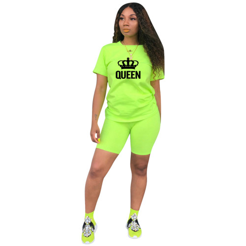 Summer Casual Fluorescent Green Knit Print Sports Shorts Set Two Piece