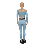 Color Block Patchwork Matching Women 2 Piece Set Spaghetti Strap Backless Crop Top & Buttons Up Pencil Trouser
