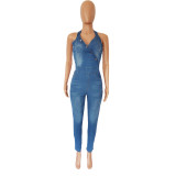 Casual Denim Slim Sleeveless Halter Jumpsuit
