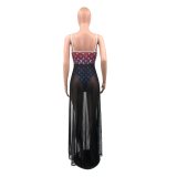 Sling One-piece Swimsuit Rompers + Mesh Long Skirt