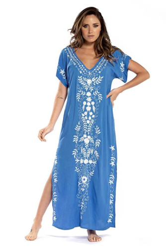 Cotton Embroidered V Neck Beach Dress