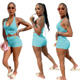 Solid Color Sexy Backless Halter Two Piece Shorts Women Set