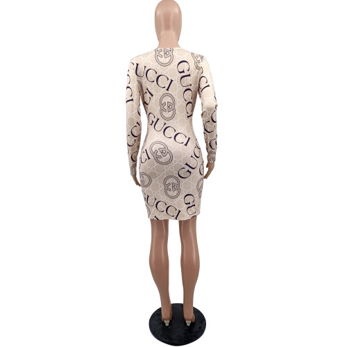 Champagne Elegant Casual Print Sexy Cutout Long Sleeve V-Neck Bodycon Dress