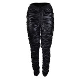 Solid Color PU Leather Stacked Trousers Women Faux Leather Pants