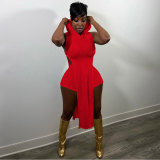Casual Red Pit Thread Split Hollow Clubwear Sleeveless Irregular Hooded Top Shorts Two Piece