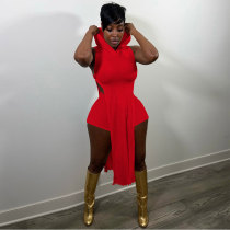Casual Red Pit Thread Split Hollow Clubwear Sleeveless Irregular Hooded Top Shorts Two Piece