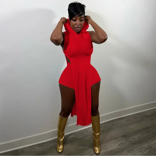 Casual Red Pit Thread Split Hollow Clubwear Sleeveless Irregular Hooded Top Shorts Two Piece