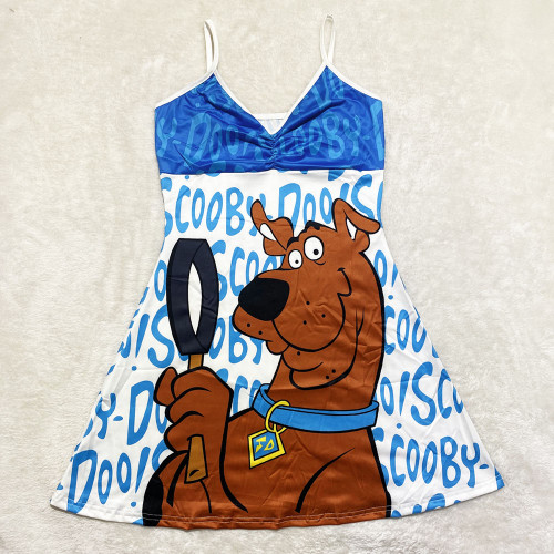 Sexy Loungewear Summer Cartoon Pattern Printed Spaghetti Strap Homewear Dress