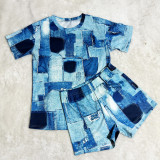 Fashion Solid Color Pattern Printed Shorts Two-piece Set