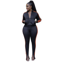 Casual Black Zipper High Neck Joggers Two Piece Pants Sets Women 2021 For Fall and Winter