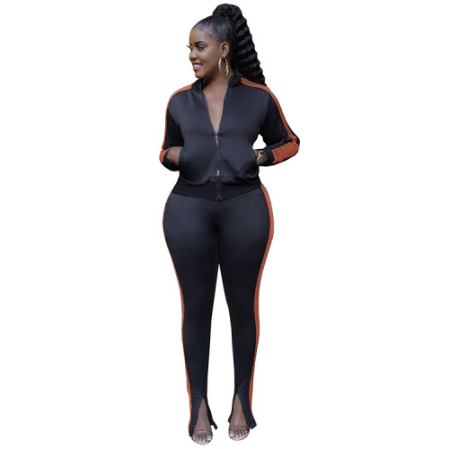 Casual Black Zipper High Neck Joggers Two Piece Pants Sets Women 2021 For Fall and Winter
