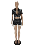 Solid Deep Pocket Turndown Neck Slit PU Leather Shorts Set