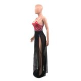 Sling One-piece Swimsuit Rompers + Mesh Long Skirt