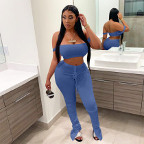 Sexy Blue Sling Wrap Crop Top Pleated Wrinkled Trousers Two Piece
