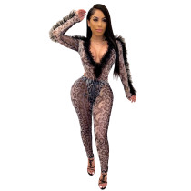 Casual V Neck Mesh Snake Print See Through Romper and Pant