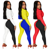 Black and White Stitching Color Turn-down Neck Long Pant Set