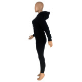 Autumn Winter Thick Drawstring Jogger Two Piece Black Sweatpants and Hoodie Set