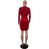 Solid Color Long Sleeve V Neck Open Cross Bodycon Club Dress