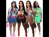 Blue Casual Hip Hop Printed Split Fringe Short Sleeve T-Shirt Rompers