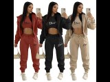 Casual Khaki Offset Printed Letter Branded Hoodie Three Piece Outfits