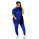 2022 Summer Loose Blue Slanted shoulder Breasted Shirring Two Pieces Sets