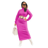 Solid Color Sweater Women High Neck Knit Long Dress without Belt