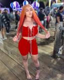 Solid Color Casual Red Sleeveless Women's Clothing Pit Lace Up Two Piece Shorts Set