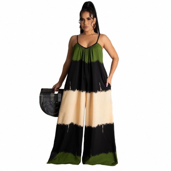 Women's Hot Sale Color Block Printed Straps Jumpsuit