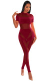 Sexy See Through Mesh Stitching Short Sleeve Jumpsuit