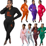Autumn/Winter Fleece Printed Letter Pullover Zipper High Neck Casual Sports Two Pieces