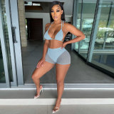 Summer Light Blue Beachwear Sexy Mesh Sequined Two Piece Short Set