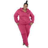 Autumn Winter Plus Size Women's Fashion Printed Hooded Sweatshirt Sweatpant Pant Set