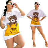 White Bear Print Short Sleeve Mini Dress