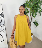 Yellow Solid Color Sleeveless Crew Neck Pleated Cotton Mini Dress with Pocket