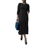 Spring Solid Color Round Neck Back Zipper Mid Dress