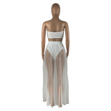 Solid Color Mesh Wrapped Top Hollow Pant and Perspective Long Skirt