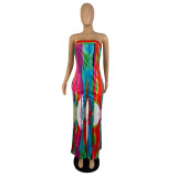 Casual Printed Tie-dye Strapless Jumpsuit with Wide-leg