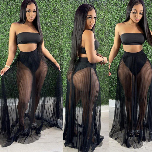 Solid Color Mesh Wrapped Top Hollow Pant and Perspective Long Skirt