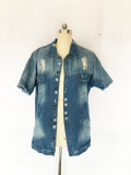 Women's Casual Hole Coat Long Sleeve Pocket Button Denim Jacket Coat Outcoat