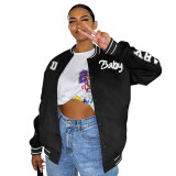 Autumn Women Black Printed Baseball Crop Jacket