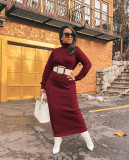 Solid Color Sweater Women High Neck Knit Long Dress without Belt