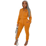 Solid Color Khaki Embroidered Letter Sports Hoodie Pants Set