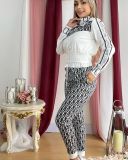 Ladies Printed Zipper Long Sleeve Tracksuit Tops+Pants Set